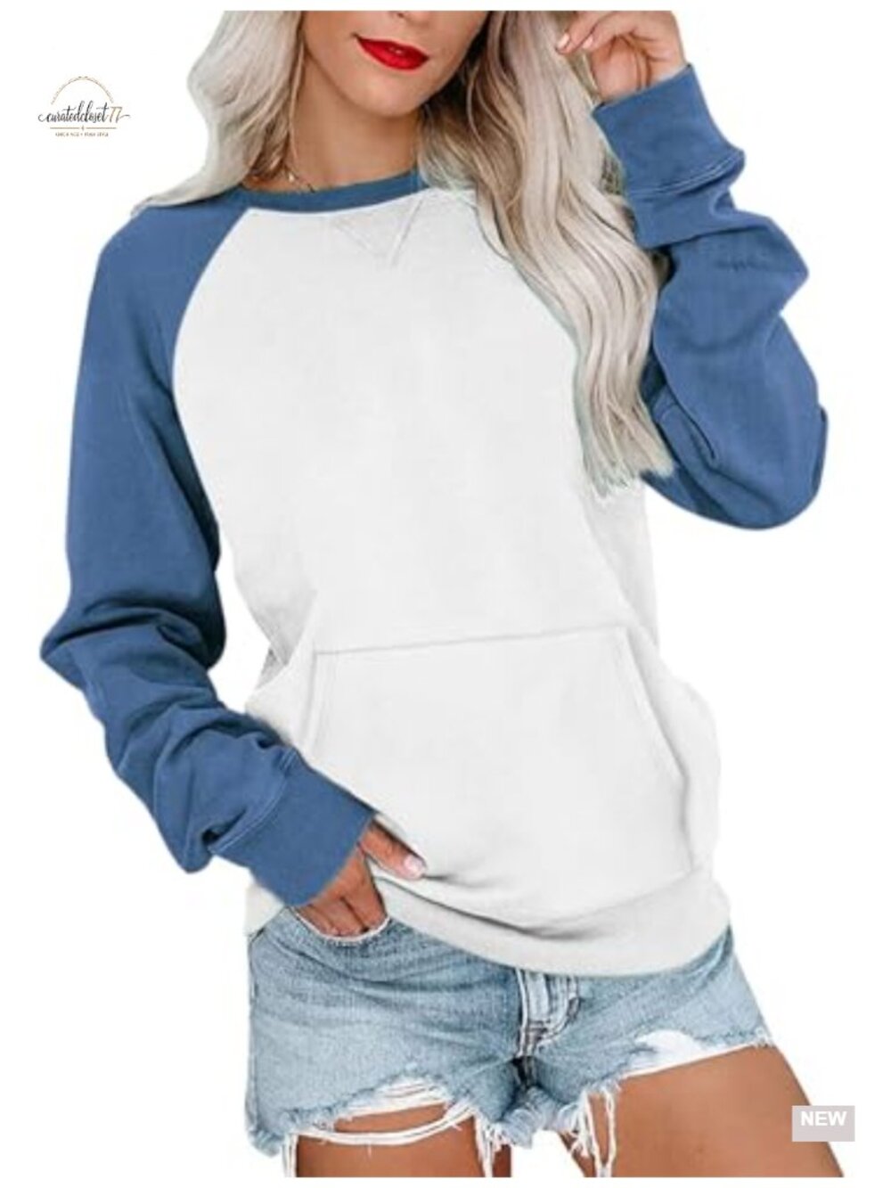 Womens Crewneck Sweatshirt Kangaroo Pocket Lightweight Pullover Top